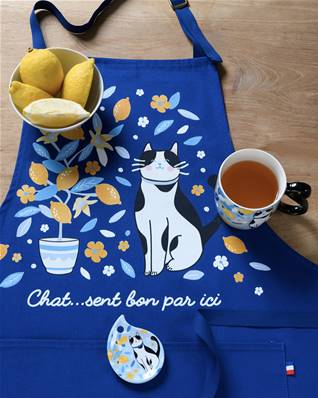 TABLIER ADULTE CHAT CITRONS BLEU